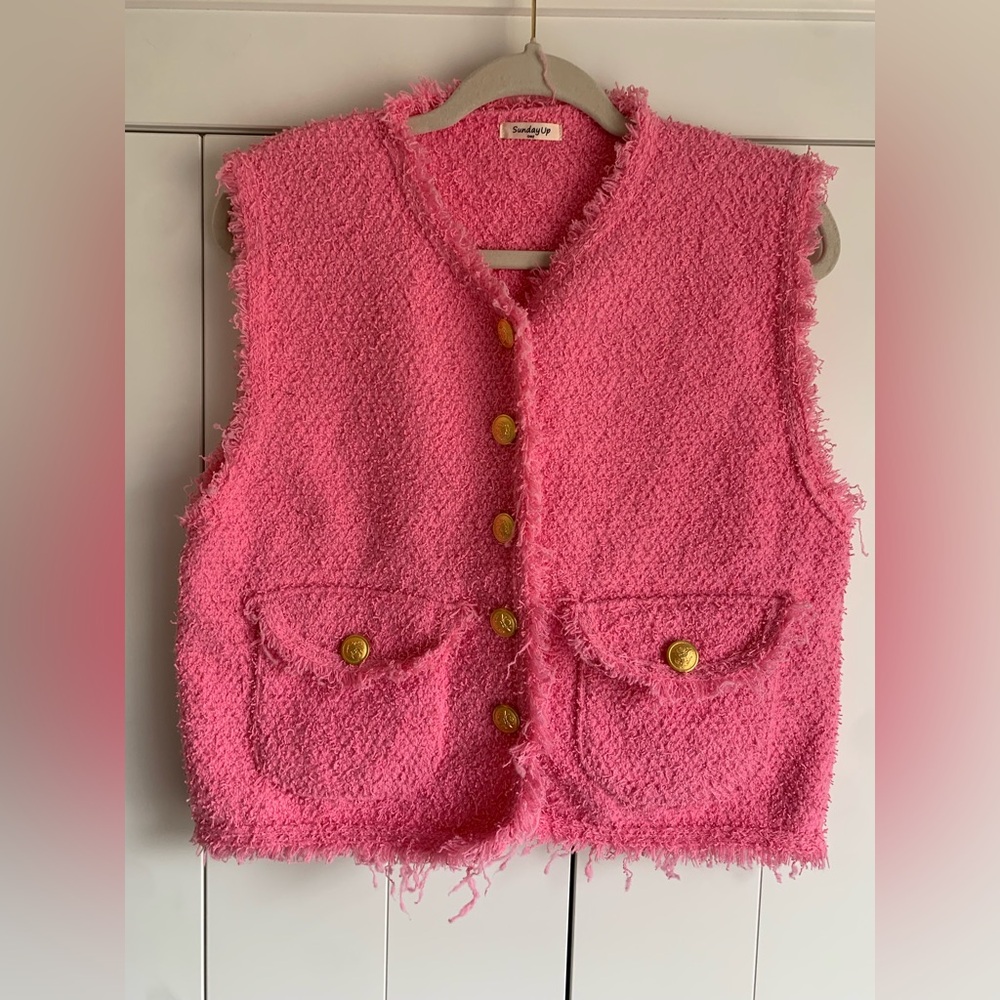 SundayUp One Size Womens Pink Faux Tweed Vest Frayed With Gold Buttons